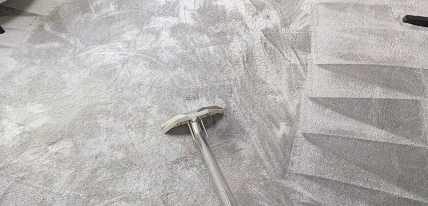 Technician cleaning grey carpet with a hot water extraction wand